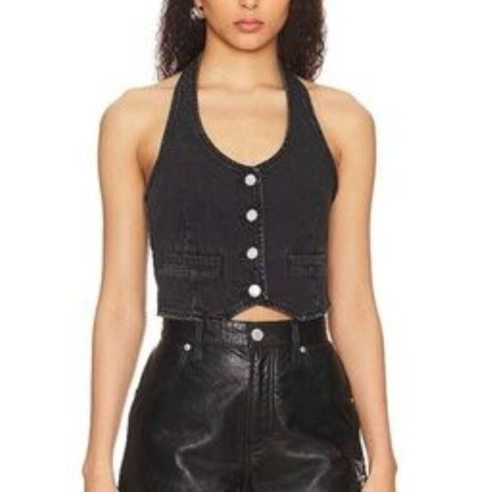 ROLLA'S Black Denim Halter Vest with Button Front